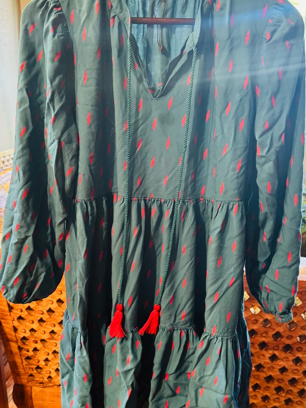 Kids Green Dress with Red Tassel Accents